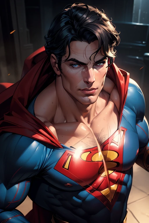 a strong muscular man in a blue suit with a red cape, Christopher Reeve as Superman, extremely detailed face, beautiful eyes, beautiful lips, chiseled jawline, superhero, dramatic lighting, cinematic, cinematic lighting, blockbuster movie, (best quality,4k,8k,highres,masterpiece:1.2),ultra-detailed,(realistic,photorealistic,photo-realistic:1.37), cinematic portrait, heroic pose, DC comics, Richard Donner