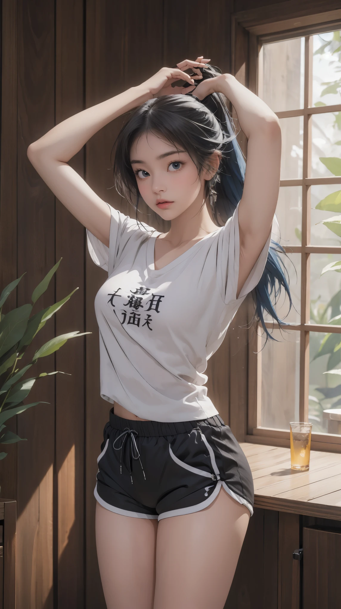 (extremely detailed CG unity 8k wallpaper),(masterpiece),(best quality),(ultra-detailed),(best illustration),(best shadow),(absurdres), Kasumi, 1girl, solo, blue hair, long hair, blue eyes, holding, bangs, blunt bangs, indoors, upper body, straight hair, white graphic tshirt, collarbone, Standing in bedroom , large breasts, Extremely wide hips, thick thighs, facing camera, looking at viewer, (wide hips), beautiful japanese garden background, dolfine shorts, dshorts, lips seperated, cleavege, athletic shorts, Extremely tight shorts,booth shorts, perfect face, kasumi miwa, miwa, handsome on head, arms up, sweating ,hot, ponytail,3 mature woman, medium breasts, lips seperated, beautiful lips, shiny lips, delicate lips, Extremely short shorts, overisezed shirt, shirt going down to hips