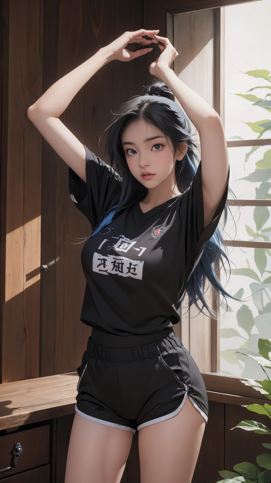 (extremely detailed CG unity 8k wallpaper),(masterpiece),(best quality),(ultra-detailed),(best illustration),(best shadow),(absurdres), Kasumi, 1girl, solo, blue hair, long hair, blue eyes, holding, bangs, blunt bangs, indoors, upper body, straight hair, white graphic tshirt, collarbone, Standing in bedroom , large breasts, Extremely wide hips, thick thighs, facing camera, looking at viewer, (wide hips), beautiful japanese garden background, dolfine shorts, dshorts, lips seperated, cleavege, athletic shorts, Extremely tight shorts,booth shorts, perfect face, kasumi miwa, miwa, handsome on head, arms up, sweating ,hot, ponytail,3 mature woman, medium breasts, lips seperated, beautiful lips, shiny lips, delicate lips, Extremely short shorts, overisezed shirt, shirt going down to hips