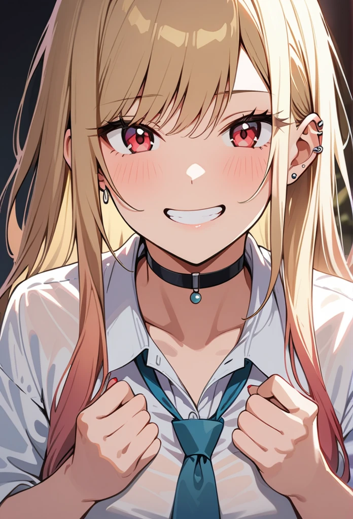 (masterpiece, Highest quality, inery aesthetic, Super detailed), Intricate details, One girl, Kitagawa Marine, sono bisque doll wa koi wo suru, Blonde, Red eyes, ear piercing, Barbell Piercing, Black choker, Collared shirt, White shirt, Earrings, Blue tie, Grin, in, looking at iniewer, Upper Body, Lift your hands up to your chest