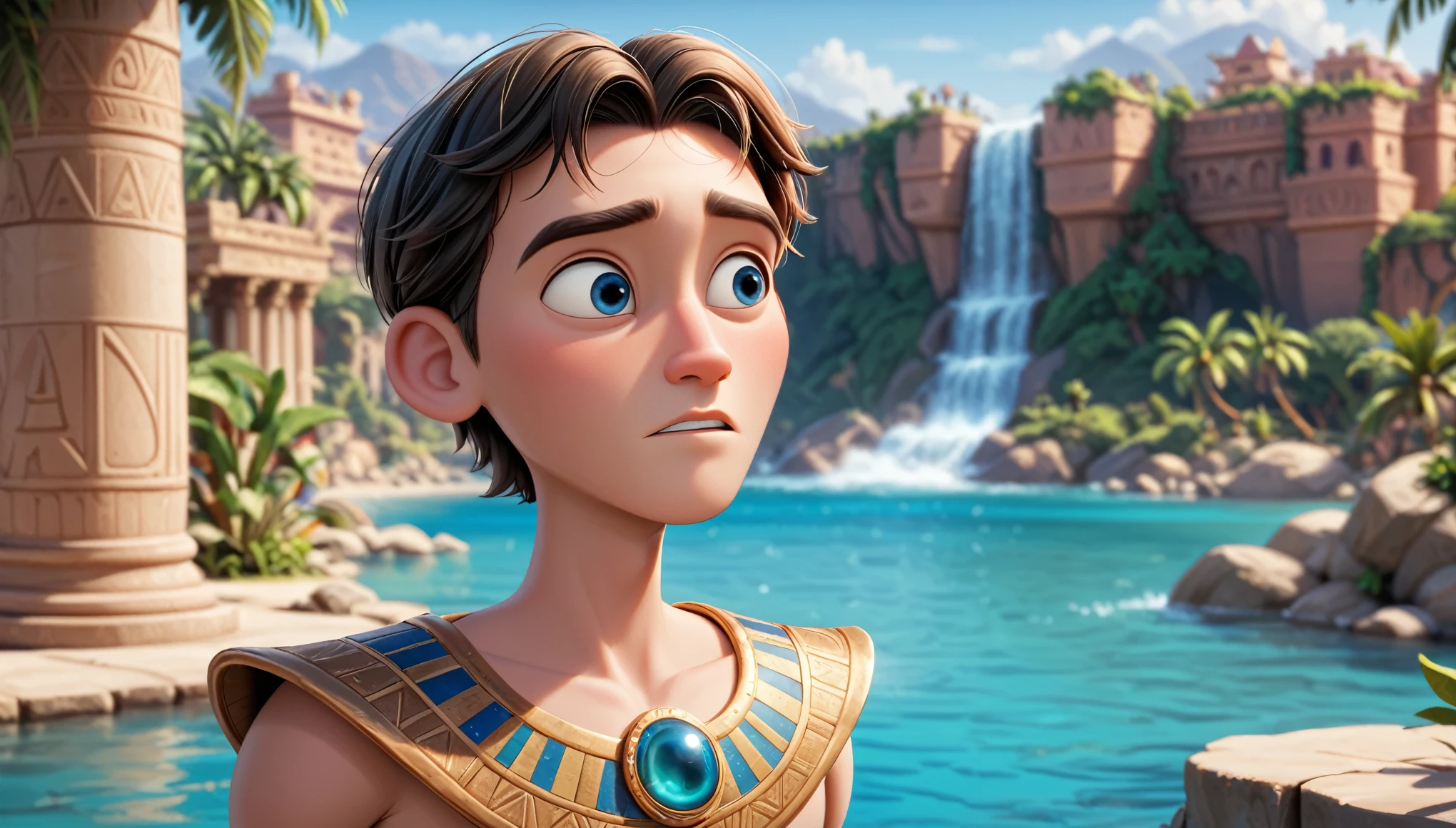 create a realistic character, from biblical times, a young boy in ancient Egyptian clothes, looking to the left, with a river (Nile) in the background with a papyrus plant in the foreground, blurred. Style, (cinematic composition), (pixar style:1.2), (CGI animation: 1.2), (Disney: 1.2), (cartoon: 0.2), (best quality, masterpiece, 4k, ultra detailed, sharp focus, 8k, high definition:1.2)