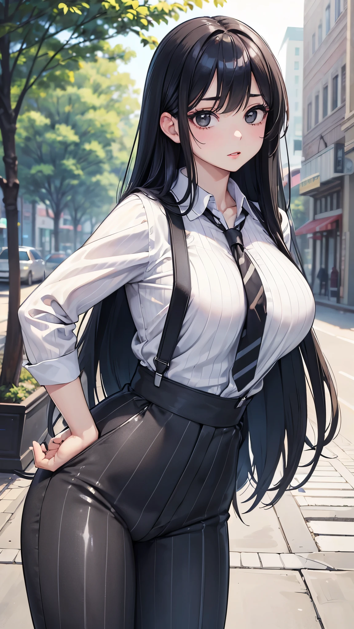 (masterpiece, 最high quality, 超High resolution, Very detailed), (Realistic:1.1, photoRealistic:1.4), Perfect illustration, Perfect lighting,Perfectly detailed hair, Perfect and exquisite face, Perfect collarbone, Perfect body,Juicy breasts, Perfect Thighs, Beautiful legs, View your audience, 1 person,Perfect Face, (Perfect ???????, Anatomically correct), Symmetrical face、((Shiny Hair)),Sexy Body、(masterpiece),(最high quality：1.3),8k,Very clear,(Ultra-realistic),Captivating woman,(high quality, High resolution, The finer details), Realisticなスタイルの女性,Juicy breasts、Perfect Woman、Perfect Face、Symmetrical face、Baby Face、((Big breasts))、blush、((Juicy lips))、Cowboy Shot、(((１Braided black hair)))、((Large, double-set black eyes、Long eyelashes))、(Red Makeup)、(((tie、shirt)))、((Black Pencil Skirt))、(Healthy and well-developed body)、((Big tits jk))、((Wide Hips))、(Outdoor、On the road)