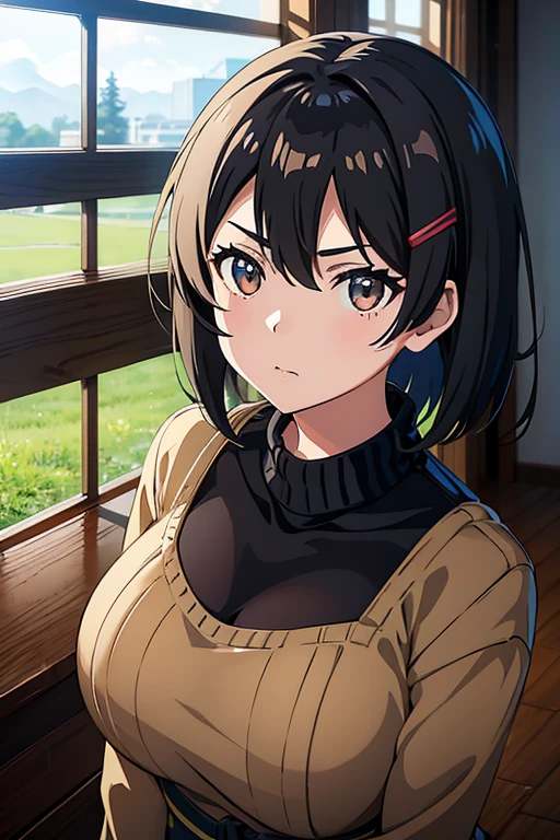 Huge , Kirigaya Naoha(Sword Art Online), 1 girl,Genuine、 Bob Hair, Hair Clip, masterpiece、Best Quality、sweater、Huge exy、School、Dynamic Angle, View with camera、A big bust that looks like it&#39;s about to burst:1.7、Tight mini skirt、I can see your pants、Turn your ass towards me、Looking Back、Pink Panties