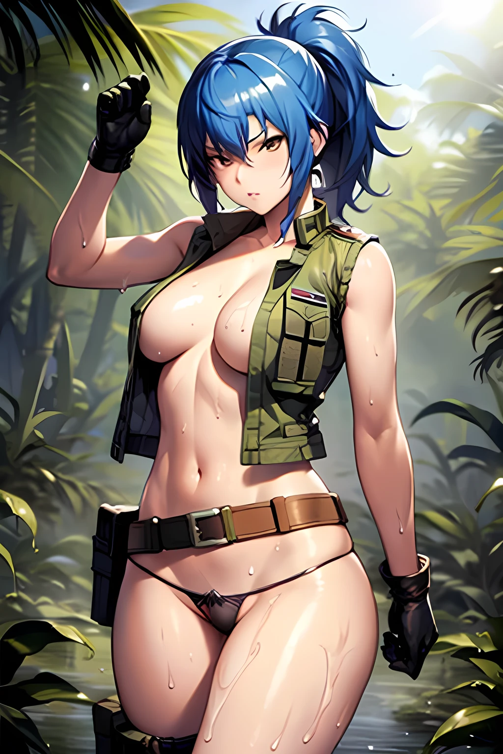 masterpiece, best quality, anime 1990s \(style\, leona heidern, sexy, naked, thong ,open vest., jungle, tactical, pony tail, serious, cammo, army, soldier, blue hair, warfare, war, wet, gloves.