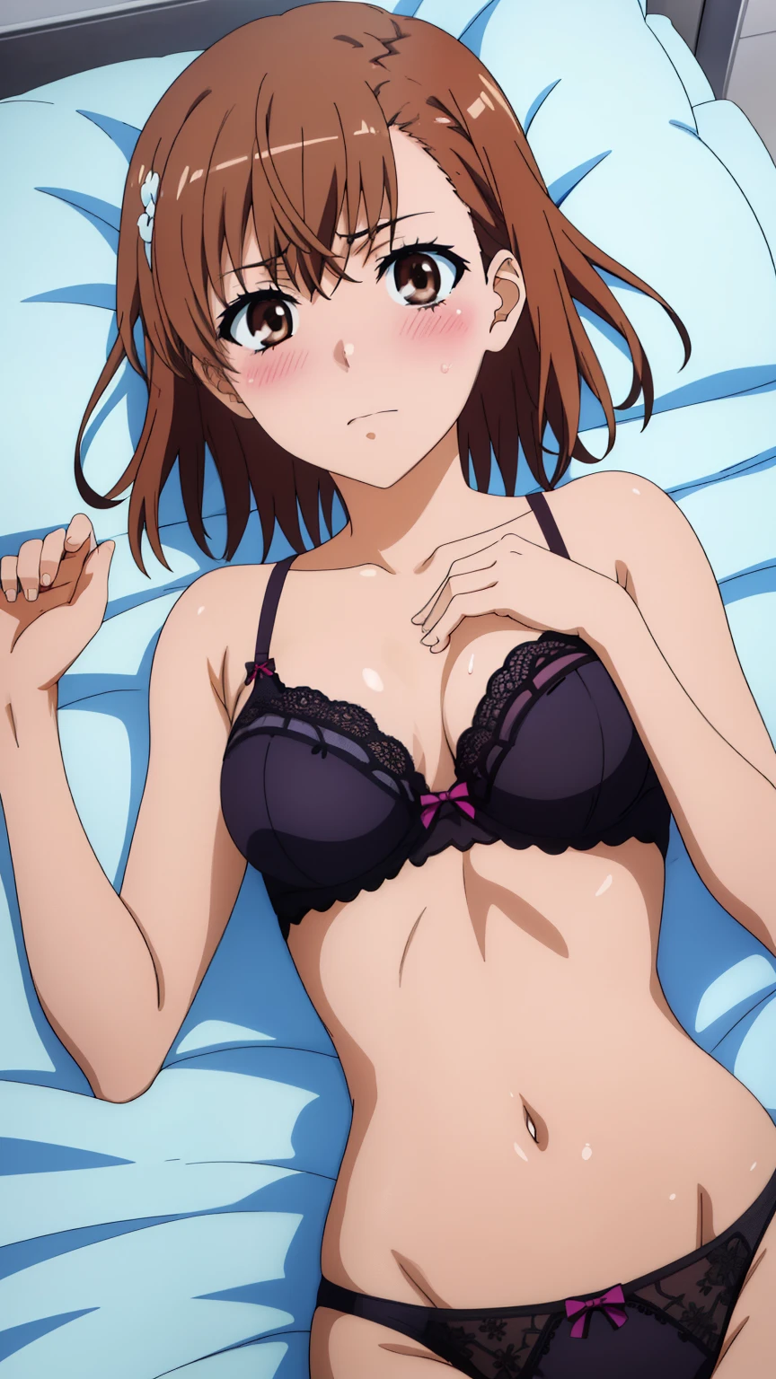 (masterpiece, best quality, high resolution, 8k:1.2), (anime coloring:1.2), highly detailed, beautiful eyes, perfect eyes, fine eyes, brown eyes, featuring big highlights, detailed face, highly detailed, fine eyes, symmetrical eyes, one girl, alone, Misaka Mikoto, brown hair, short hair, hairpin, (small breast), slim body, nffsw, (gorgeous nightclub background), (embarrassed expression, blushing), (dynamic sexy pose), (lingerie, sexually seductive, ), (sleeping in bed, lying on back: 1.2), looking at the viewer, in the center of the image, (beautiful_chest:1.1), (beautiful_face:1.2), (beautiful_waist:1.2), (cowboy shot), dutch angle,