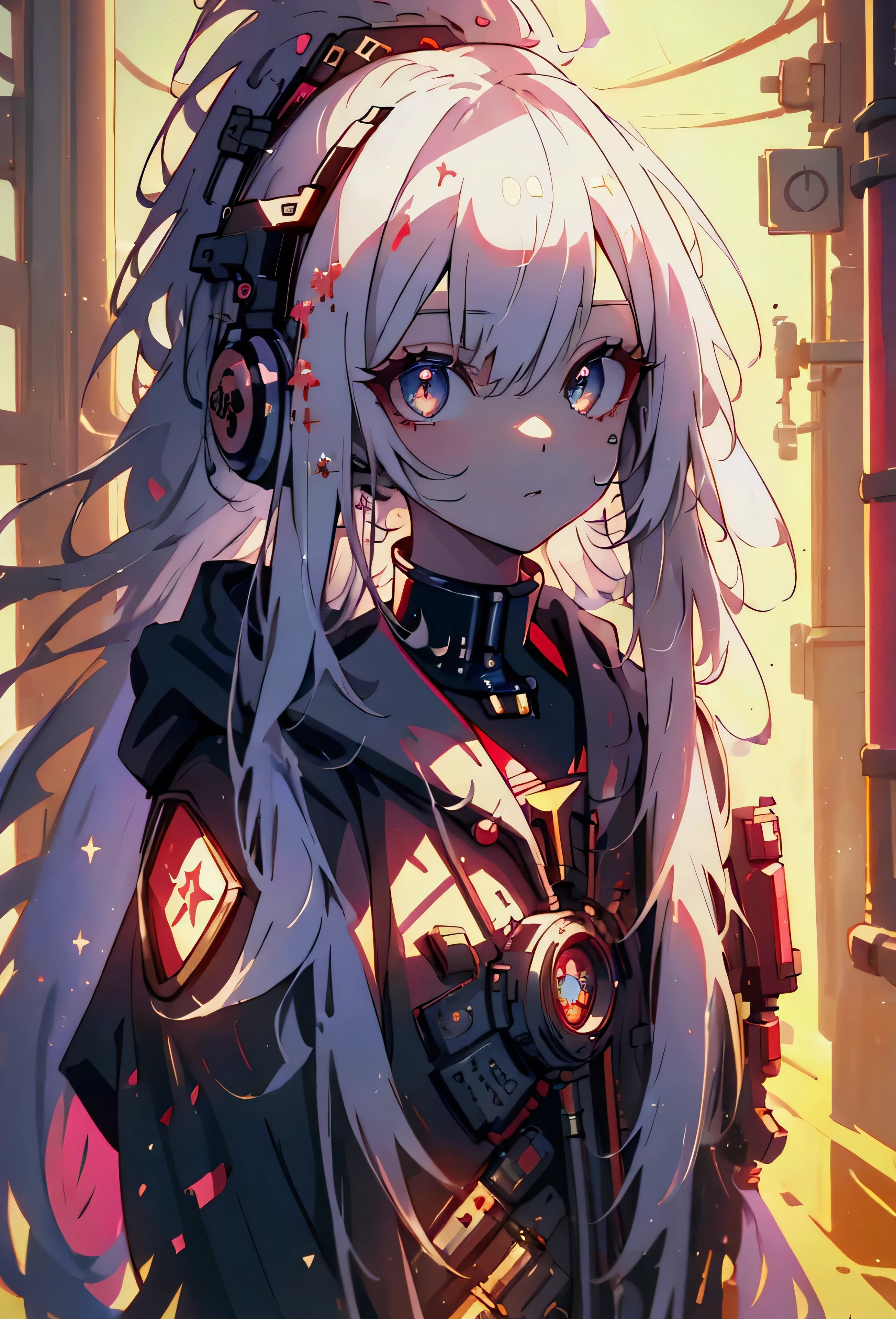 (masterpiece、highest quality, Highest Resolution, Detailed details、) woman with long white hair and headphones standing in front of a red sun, nightcore, digital cyberpunk - anime art, anime mecha aesthetic, anime cyberpunk art, cyberpunk anime girl, anime vibes, anime style 4 k, cyborg - girl with white hair, blue eyes, cyberpunk anime girl in hoodie, best anime 4k