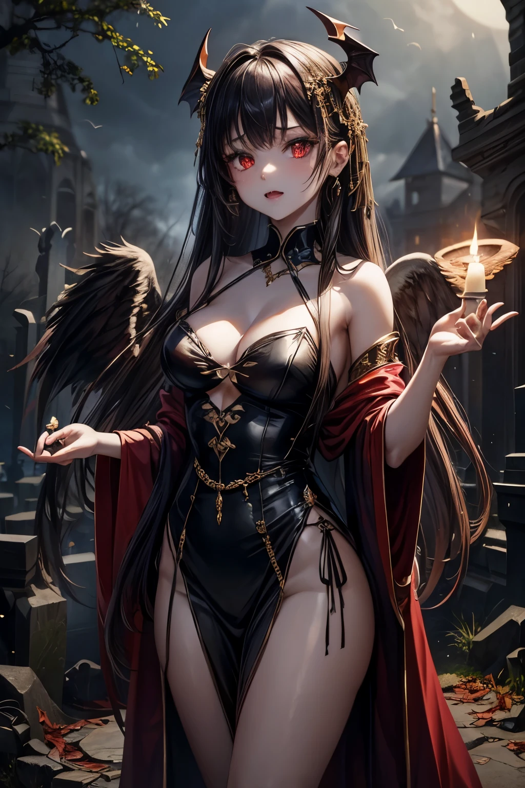 high qulity,tmasterpiece,8K,(2 girls,twins,The angel,devils,the angel's wings,Demon's wings),Decorated with intricate gold jewelry and headdresses,Standing in a blood ritual circle full of threats。She has long black hair,Pale skin and striking red eyes。Wearing a black dress and flowing robes,They are seductive and ferocious。They possess sharp fangs and supernatural powers,Can cast powerful spells and sacrifices。This dark and Gothic scene takes place in ancient ruins,An abandoned church or foggy cemetery。The full moon casts an eerie shadow,Flickering torches and candles light up the road。Lightning and thunder add to the ominous atmosphere,And bats fly overhead,The leaves rustle,Added creepy forest environment。
