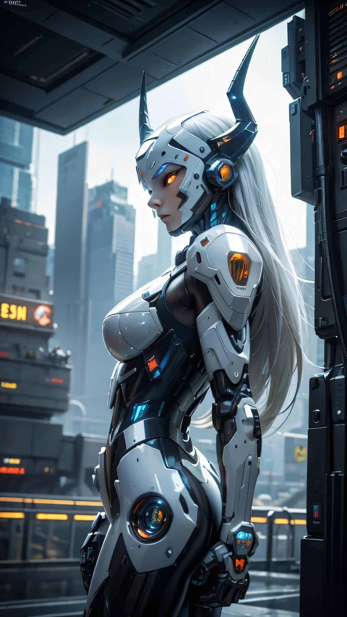 1girl, a beautiful girl cyborg cyberpunk with a cyberpunk city tall buildings, white hair, cybermask, white and orange and black machine suit color combination, the body full of machine, realistic futuristic hologram, asian skin tone, beautiful eye, beautiful asian face, cyber ear machine, suits is solid mecha, realistic machine, sci fi scape, manipulation is a masterpiece, long hair, masterpiece, suit of cyberpunk, realistic sci fi building texture mecha aestethic, digital cyberpunk, looming over a city, cyber technology, realistic hair, lots of hair, white of hair, realistic metal solid texture of building, realistic neon glow, realistic neon sign, wonderful side lighting, realistic futuristic cyberpunk building, realistic girl robot cyberpunk, fog, foogy, masterpiece of detail, RAW IMAGE, depth of field, point of interes, depth of field is masterpiece, best photography composition masterpiece, natural realistic hair, rule of third masterpiece photography, natural lighting, photography masterpiece natural lighting from side, realistic skin texture, strong reflection, ( pose pinterest) masterpiece beautiful, Devil Horns, smooth pixel, ray of light, soft light, small breasts, mastepiece of cyber mask, masterpiece fantasy gun, carry a fantasy weapon, weapon fantasy (artstation)