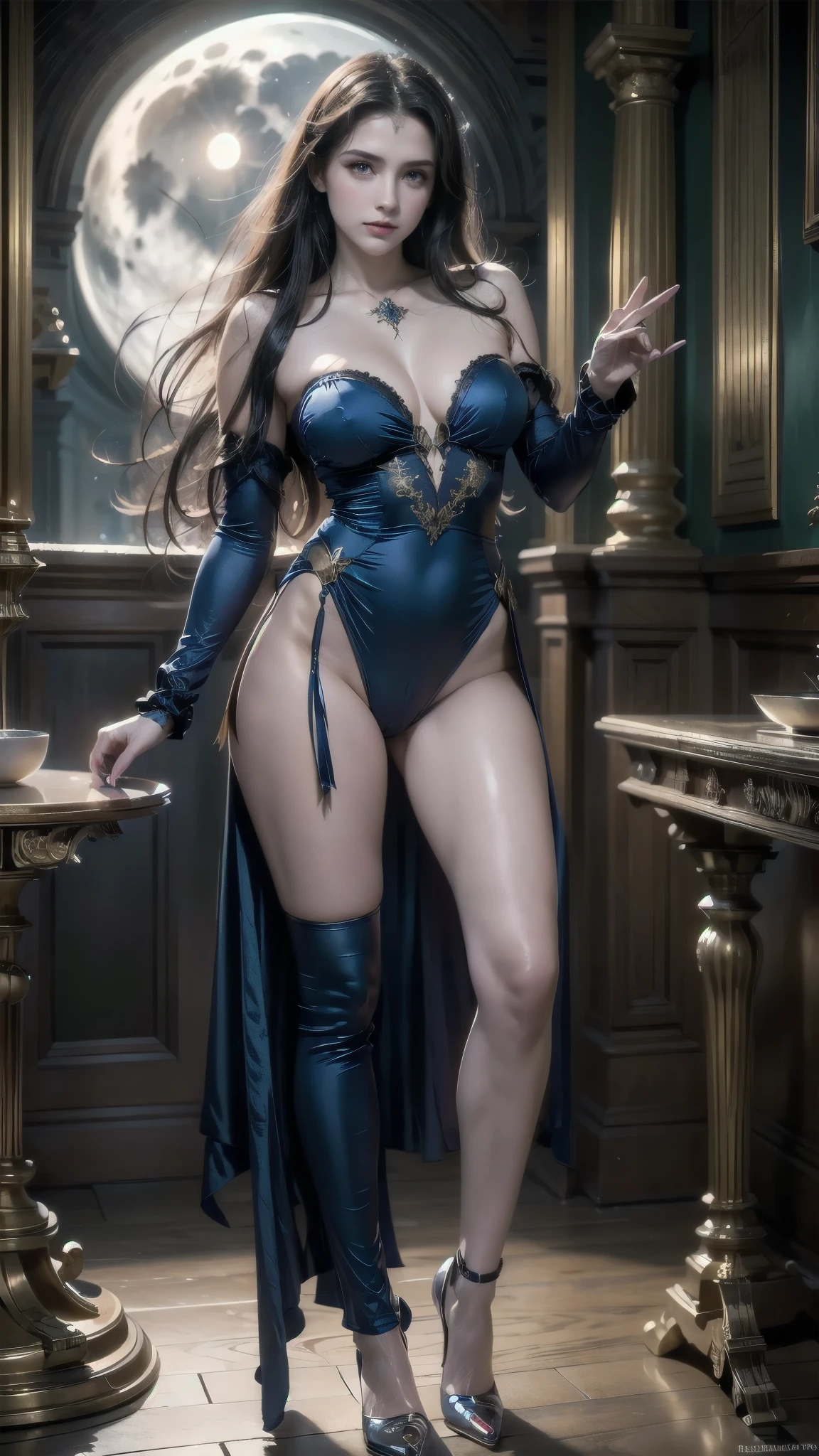 woman in blue dress with full moon in the background, retrato de uma vampires, vampires, retrato de uma linda vampires, mulher vampires, vampire portrait, beautiful vampires, linda rainha vampires, garota vampires, linda rainha vampires, Portrait of a Vampire, vampire fantasy, carmilla vampires, victorian vampire, Realistic fantasy illustration, elegant victorian vampire, (hyper realistic:1.4), (realistic:1.3), (best quality real texture skin), Detailed eyes, detailed face, PERSEPHONE, (SFW:1.5), (full body:1.8), (upper body up:0.3), (hyper realistic:1.4), (realistic:1.3), (best quality real texture skin), Detailed eyes, detailed face