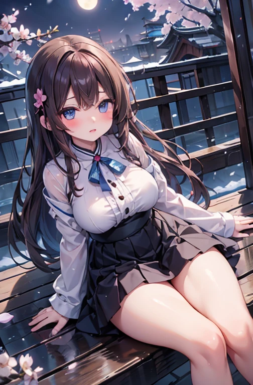 naked, messy hair, belt on thigh, view from top boobs, in empty room with water background snow, 