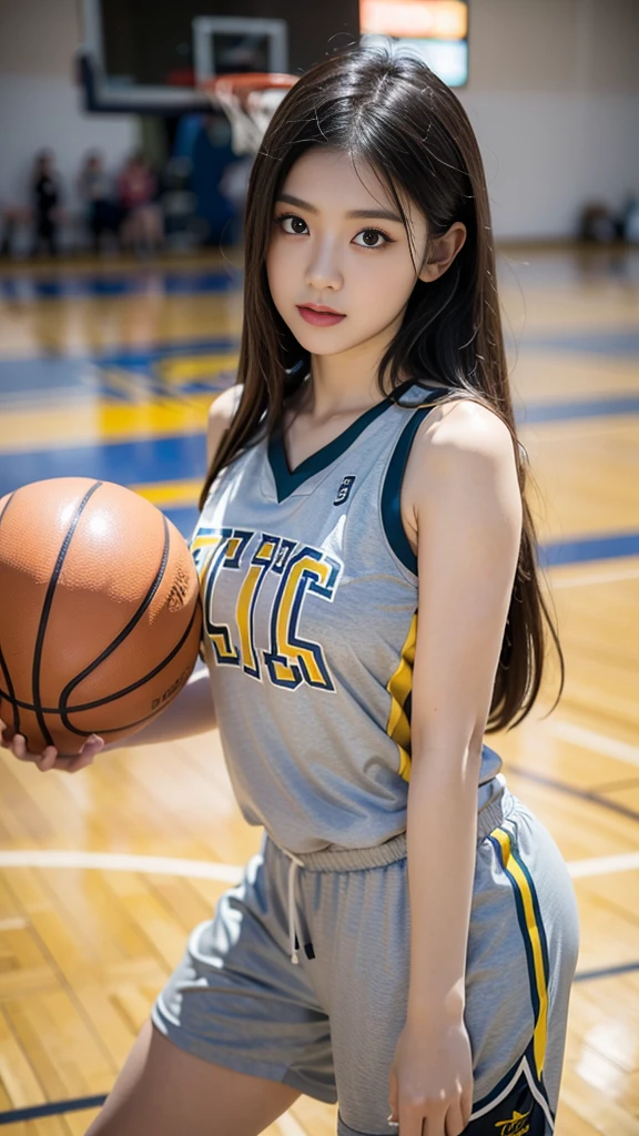 masterpiece, Ultra-high resolution, 4K, Best Quality, 1 person, ((whole body)), Beautiful and exquisite face, Beautiful, smooth skin, Skin Texture, Baby Face, Dynamic pose, Basketball uniform, Holding a basketball, gym