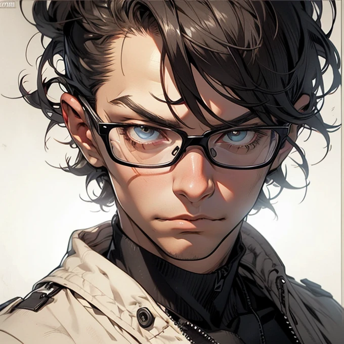 (1 boy), (solo), edgy style, black short hair, messy hair, round glasses, punk clothes, athletic body, serious face expression, pale skin, ((high quality)), ((hd)), (very detailed), strong body