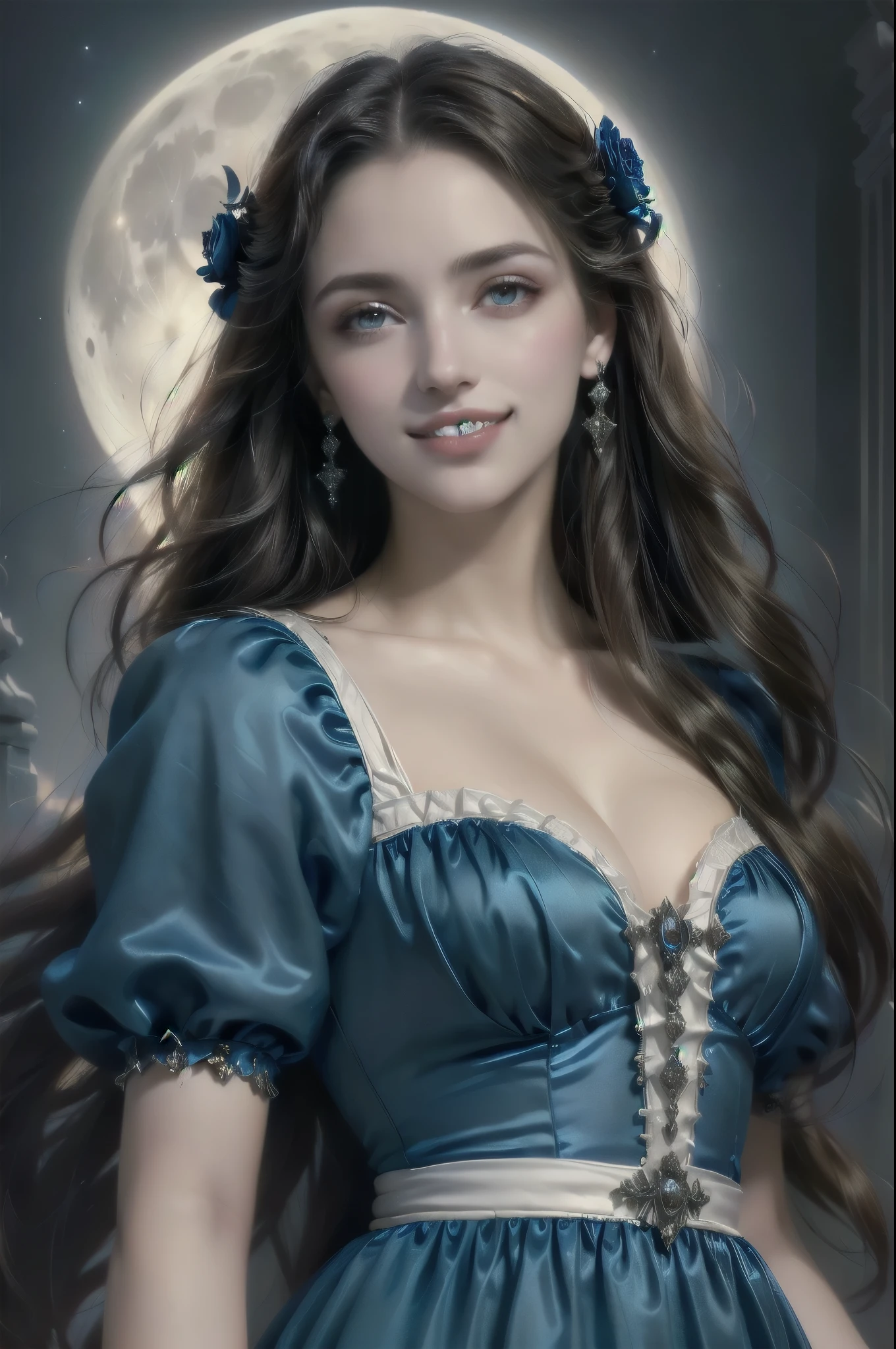 woman in blue dress with full moon in the background, retrato de uma vampires, vampires, retrato de uma linda vampires, mulher vampires, vampire portrait, beautiful vampires, linda rainha vampires, garota vampires, linda rainha vampires, Portrait of a Vampire, vampire fantasy, carmilla vampires, victorian vampire, Realistic fantasy illustration, elegant victorian vampire, (hyper realistic:1.4), (realistic:1.3), (best quality real texture skin), Detailed eyes, detailed face, PERSEPHONE, (SFW:1.5), smiling showing canines, smiling showing fangs, showing teeth 