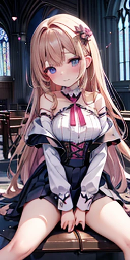 Flying debris, Highest quality, Highly detailed CG Unity 8K wallpapers, Sexy witch , Long dark blonde wavy hair、Off-the-shoulder knit, Dark blue pleated skirt, Stocking Pedium Breasted, Saggy breasts, Poses that accentuate the chest, blush, Laugh shyly, Exposing shoulders, (Pink lace panties with detailed details、Pink Good、Spread your legs wide)、、A nice magic book、Church Cathedral、Please put your hands on the pillar and turn around.、Stick your butt out、I can see your whole ass、Detailed face、Beautiful curves、Focus on the butt