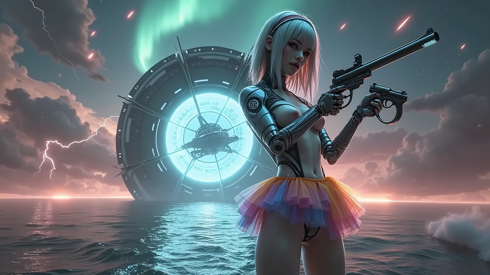 (((a large-breast bikini slim GIRL with black (micro) sunglasses))), (((((aiming at viewer with a pistol))))), a balcony of a futuristic building, aerial view of an ultra-futuristic megalopolis, metal buildings and houses in dark colors from dark blue to black, shades of metal gray, smoky metal structures, industrial environment with smoke and fog around, dark cars on the streets, desert megalopolis, modern metal rails and trains passing through, tall futuristic metal buildings, ultra modern buildings, (((((futuristic aircraft carrier))))), realistic, detailed, sci-fi.