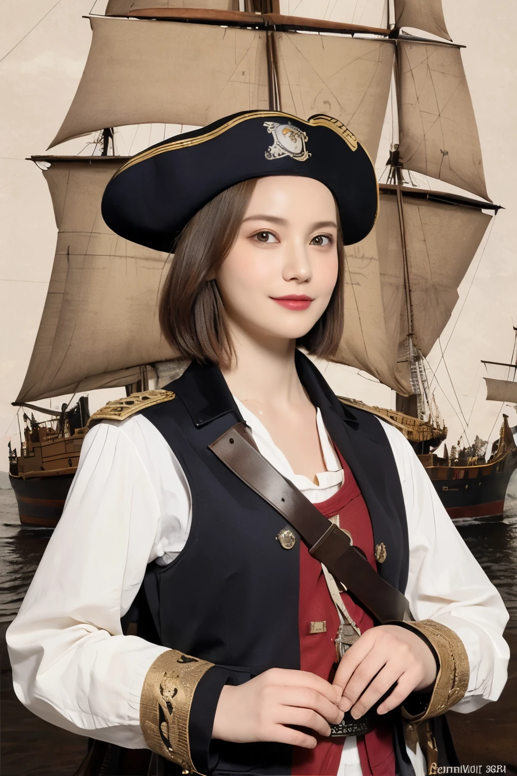 292 (20-year-old woman,Short Hair) , (A kind smile) , ((Pirate ship captain,captain)), (colorful), (Leonardo da Vinci paintings), flower, Steampunk Pirate Ship