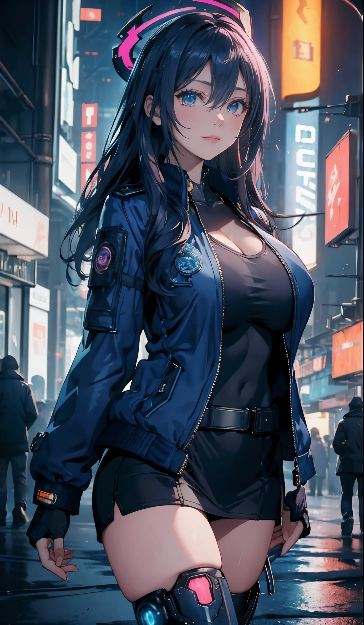woman,25 years old,,city,night,(((white and blue tight miniskirt bodysuit))),,open mouth smile(())(Glasses),((Beautiful long ponytail)),(()),blush、surprised face,((())),(())wet with sweat