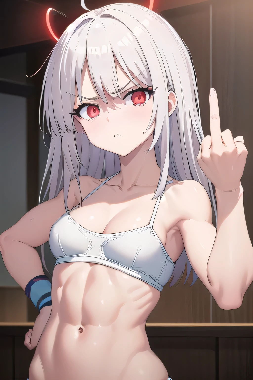 masterpiece, best quality, ultra-high-detailed, Disgusted face, white hair, red eyes, sigtuna julie , small breast, looking to viewer, deep eyes, glare eyes, upper shot, muscular, eyeshadow,  bare shoulder , Collarbone ,upper body , spaghetti straps, mirroring , shaded face, in bed , close up of a person with a fist in a fist pose, , cleavage , middle finger, bandaged Breast, angry, furious , striking eyes, perfect anatomy, perfect finger, middle finger , fuck to viewer , finger up, muscular , ABS , navel, open front bra