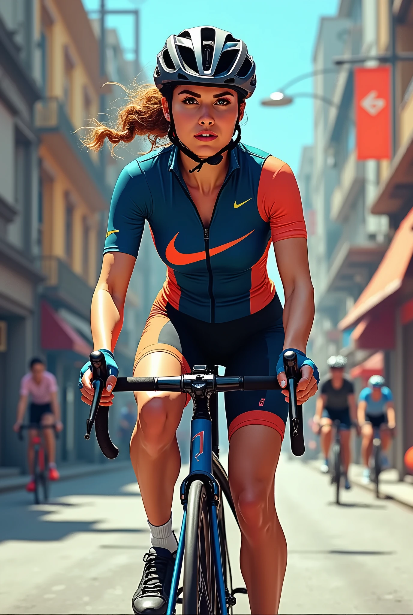 A photorealistic cyberpunk woman wearing a Barcelona soccer jersey, futanari on top of a bicycle, making a handjob motion, detailed facial features, muscular body, dynamic pose, neon city background, dramatic lighting, vivid colors, hyper detailed, 8k, cinematic composition