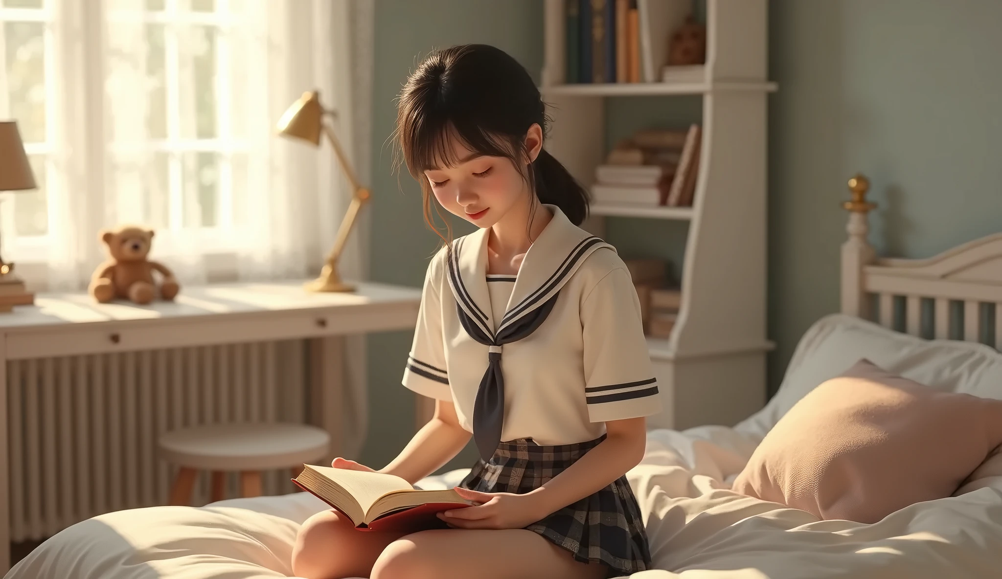 a tween girl sitting in her bedroom sitting on a chair near the window and she's reading a book she's wearing sailor outfit, dawn, 80s era --auto --s2
