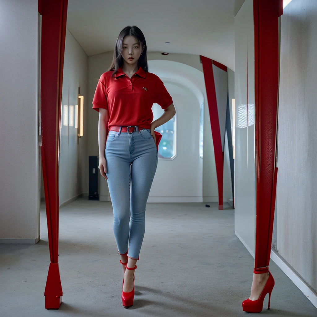 8k HD, hot korean woman wearing red polo shirt, skinny tight blue jeans, and red high heels. Full body from head to toe.Standing in a full height from head to toe.