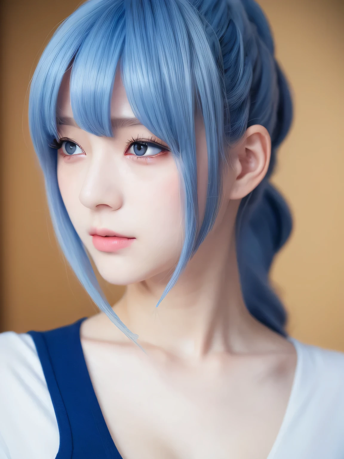 (Best Quality, masutepiece:1.2), 1 girl, schoolgirl, Solo, sky blue hair,Eyes with beautiful details,The upper part of the body, ear, side ponytail hair, white school unifrom, blue tie, Very detailed、Super Resolution、Natural color lip、Lip gloss、(((Blurred Background:1.5、Cinema Lighting、【Professional photographer】))), (Gorgeous design:1.2) (soft smile), (Cute Breasts:1.3), ((half body))