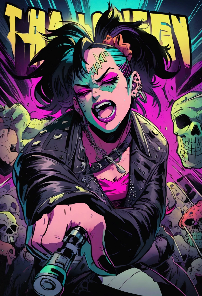 skulls in punk outfits are exploding and the surroundings are becoming toxic