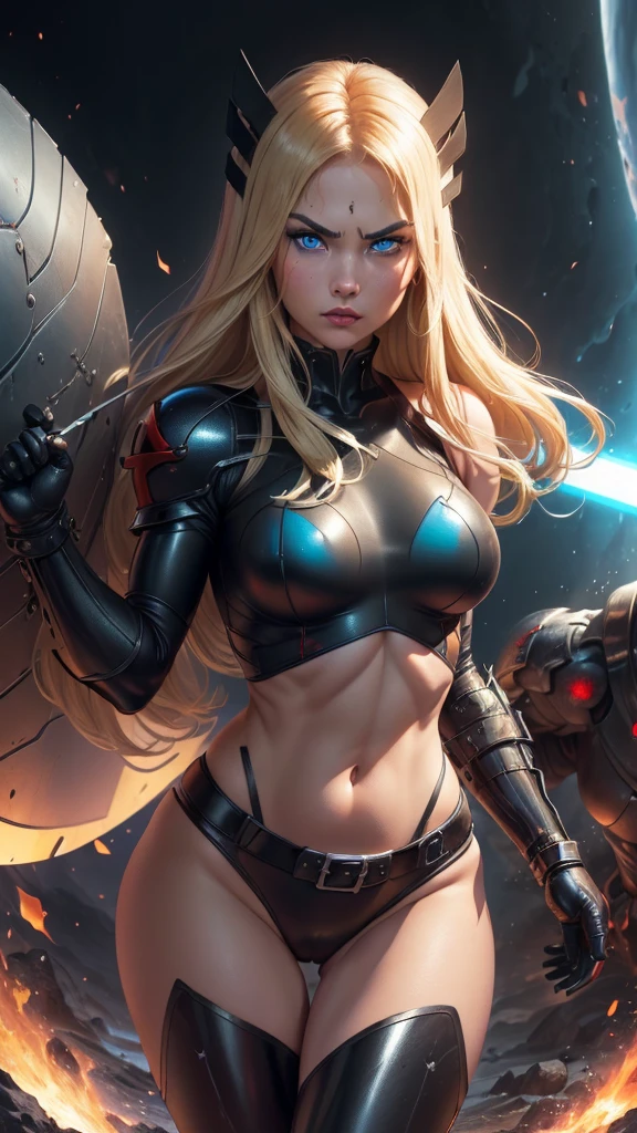 Realistic 1.2, top-quality、Top image quality、​masterpiece、girl with((Red Leotard、Black Mechanical Armor、sixteen years old、teen ager、cute little、Best Bust、big bast,Beautiful light blue eyes、Breasts wide open, a blond、A slender,Large valleys、belligerent movements,Warlike face、fighting poses、Sword in right hand、Shield on left hand、Navel Tank Top)),hiquality、Beautiful Art、Background with((universes)))、Depth((black hole)),masutepiece、depth of fields,Cinematic style