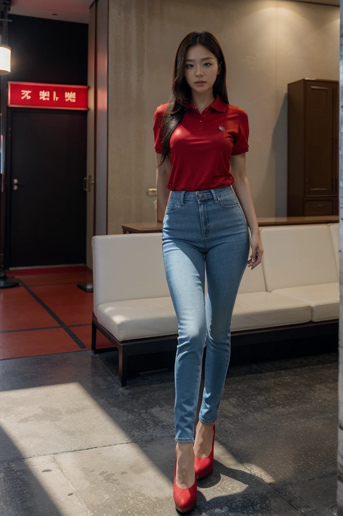 8k HD, hot korean woman wearing red polo shirt, skinny tight blue jeans, and red high heels. Full body from head to toe.Standing in a full height from head to toe.