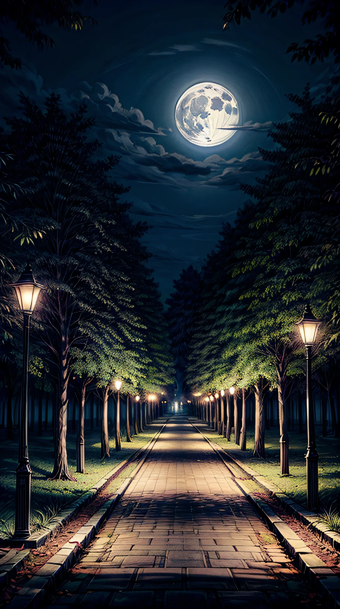 full moon, a quiet park, leafy tree, street lamps line the path
