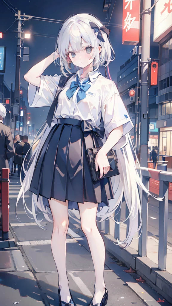 The girl puts a miniature high-rise model toy under her skirt，short  skirt，a sailor suit，whitestocking，athletic sneakers，Be red in the face