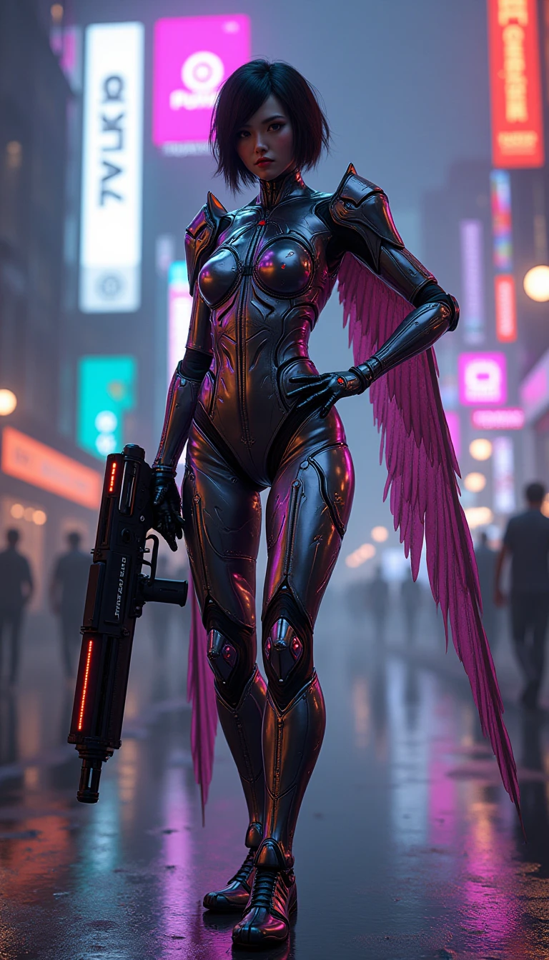 (masterpiece, best quality photography), 1 beautiful girl supermodel sexy warrior Sneha Ullal , (big Flowing Hair), smile, slim body, (shiny robot wings), (elegant cyberpunk ornate magenta minidress), (warrior boots), (detailed beautiful eyes), (walking in steampumk city street), (magical night) , fashion photography, hyperdetailed, (shimmering floating particles), (depth of field)