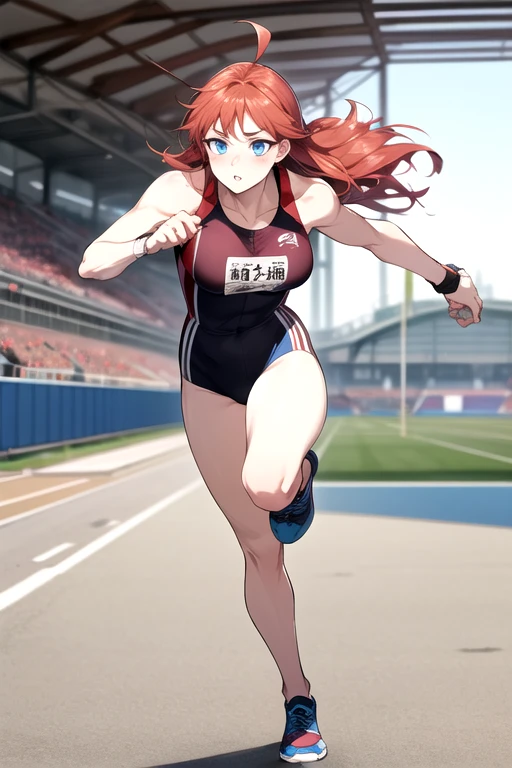 High resolution, masterpiece, 最high quality, High-resolution model, high quality, Ultra high definition, One girl、Red Hair、Long Hair、Ahoge、blue eyes、Large Breasts, Heavy breathing, Character profile, Athletics Stadium、runningシャツ、Black spats、running