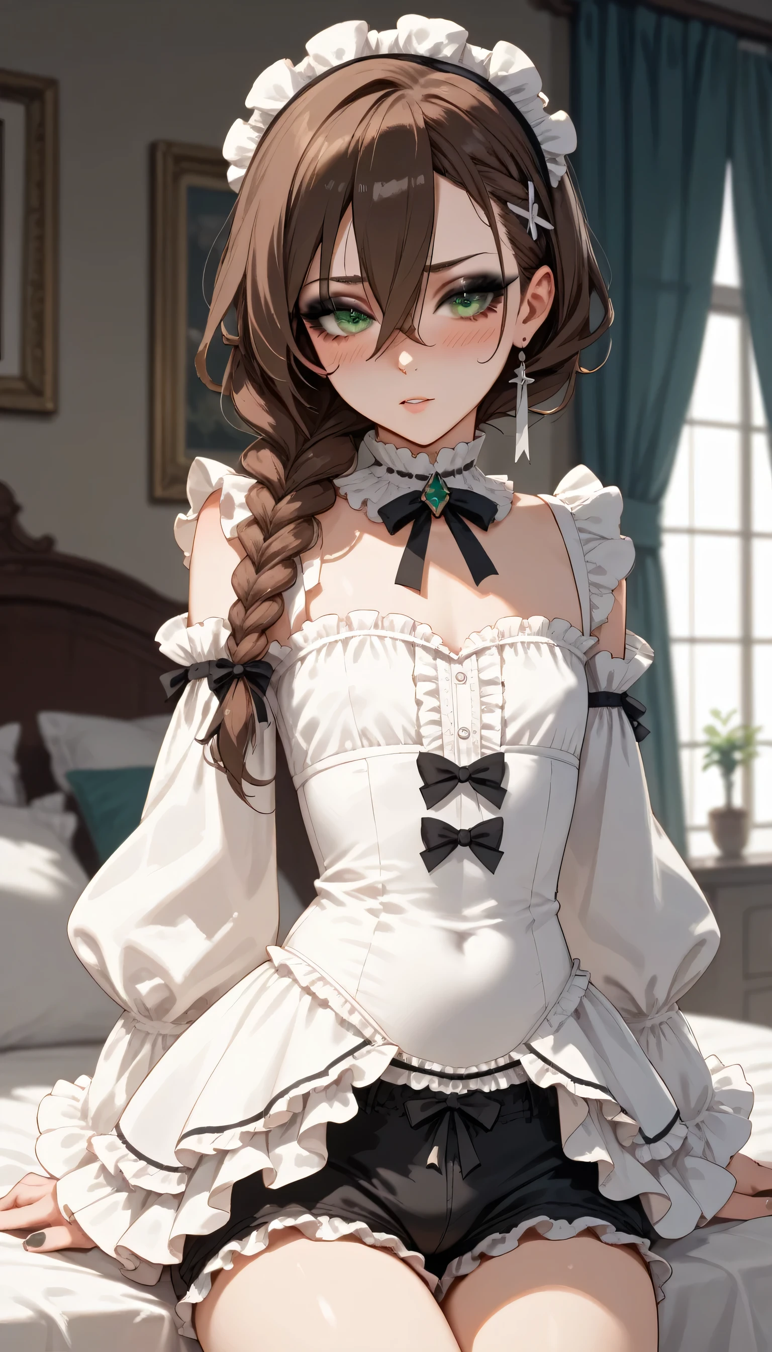 score_9, score_8_up, score_7_up, (1femboy:1.2, flat chest), feminine, brunette hair, hair between eyes, green eyes, sidelocks, eyeliner, black eyeshadow, blushing, single side braid, frilly bloomers, frilly shorts, Juliette sleeves blouse