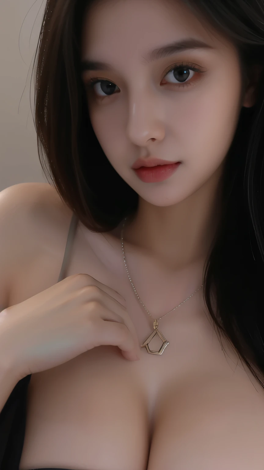 a beautiful girl, close up photography, dark lighting, wet long hair cut, huge breast, detailed eyes, necklace, UHD,8K,perfect photography,pierced nose, pierced tongue, show breast
