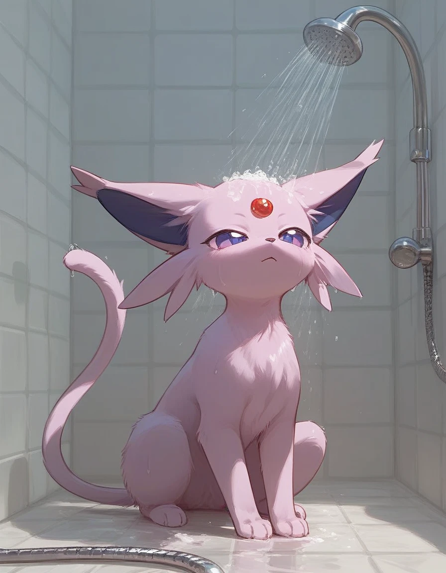 Alone, score_9,score_8_above,score_7_above, fountain_furry, an Anthro furry espeon Pokemon girl, black sclera, calvo, white eyes, Tall and thin body, perfect body, naked, smiling, lying on her back, legs above, feet legs, 4 toes, black paw pads, smiling, front view, In a bed, simple background, bedroom eyes