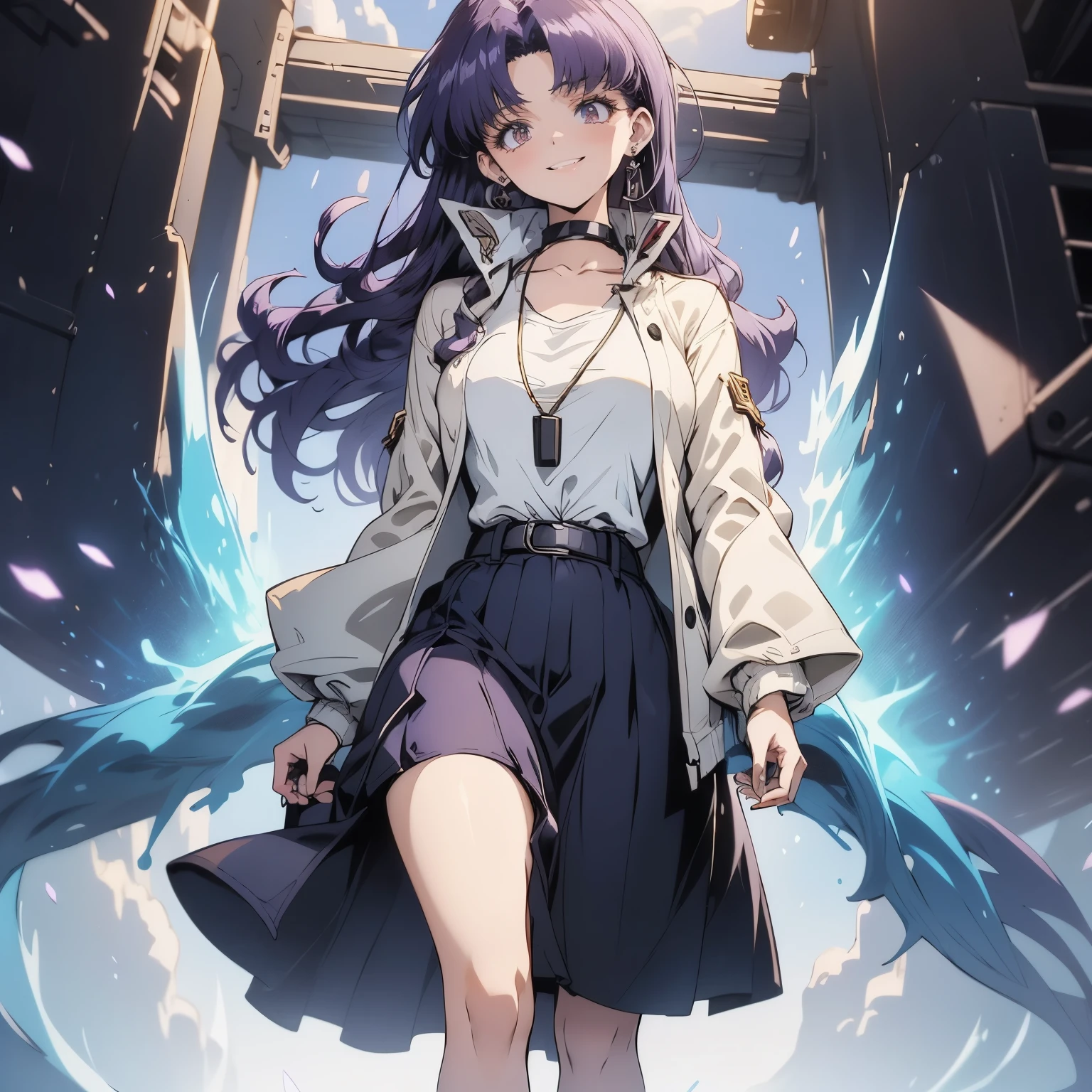 (masterpiece), best quality, expressive eyes, perfect face, 4k, HDR, full HD, ((1girl)), solo, (purple hair), perfect anatomy, full body, flirty smile, The long skirt with opening and the short cardigan have a square neckline and long sleeves that enhance your figure, Long Skirt with Opening and Long Sleeve Blouse Set for Women, Short Cardigan, petrol blue skirt, white cardigan, colored accessories golden.