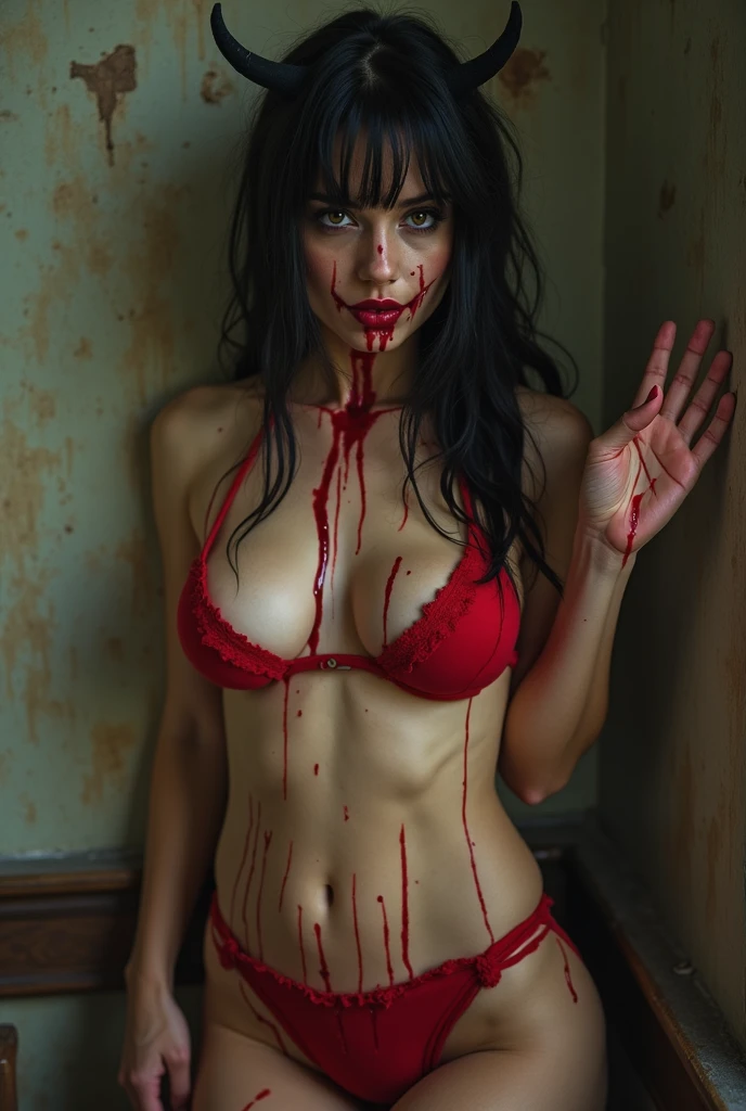 The female zombie has two completely pure white eyes, white eyes, long legs, huge , sitting on the ground with legs open, wearing a red bikini and red high heels, with blood all over her body