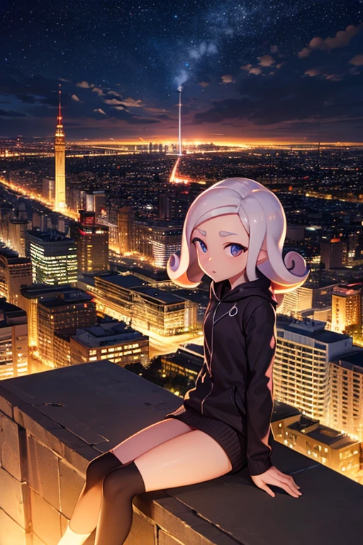 (((masterpiece))), (((best quality))), (((from side))), (((upside-down world))), (((floating city))), ((mint ballet slippers)), ((sitting on stone parapet)), ((hooded bodysuit)), ((paid lining)), (black pantyhose), blonde hair, spider logo, gradient light, skyline, high sky, colorful cloudy sky, solo, 1girl, big tits, sweat, slim figure, 