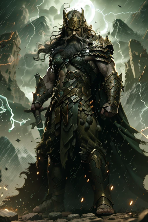 Loki, the Norse god of mischief, standing in a dramatic landscape. He is wearing a green and gold tunic and a long, flowing cape. He has a mischievous expression on his face and is holding a staff in his hand. The background is a dark and stormy landscape, with mountains, trees, and a ruined city in the distance. The image is full of drama and tension, and it captures the essence of Loki's character.High Resolution, physically perfect body muscular body frame full bodyshot 