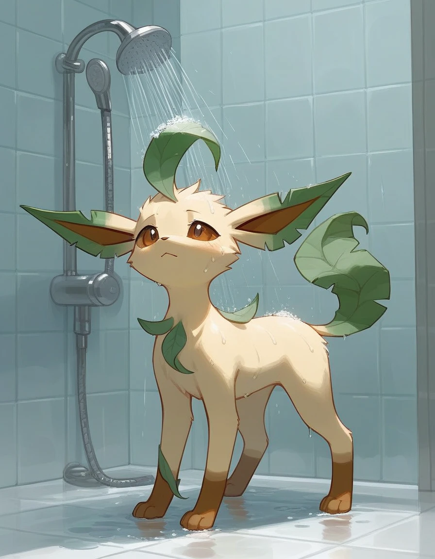 alone, score_9,score_8_up,score_7_up, an anthro furry female leafeon girl, black sclera, white eyes, naked, inside a bathtub, water.