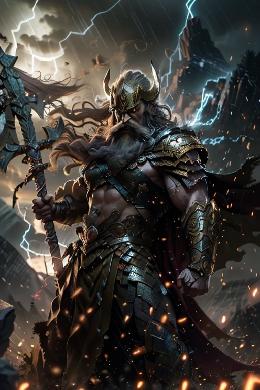 Loki, the Norse god of mischief, standing in a dramatic landscape. He is wearing a green and gold tunic and a long, flowing cape. He has a mischievous expression on his face and is holding a staff in his hand. The background is a dark and stormy landscape, with mountains, trees, and a ruined city in the distance. The image is full of drama and tension, and it captures the essence of Loki's character.High Resolution, physically perfect body muscular body frame full bodyshot 