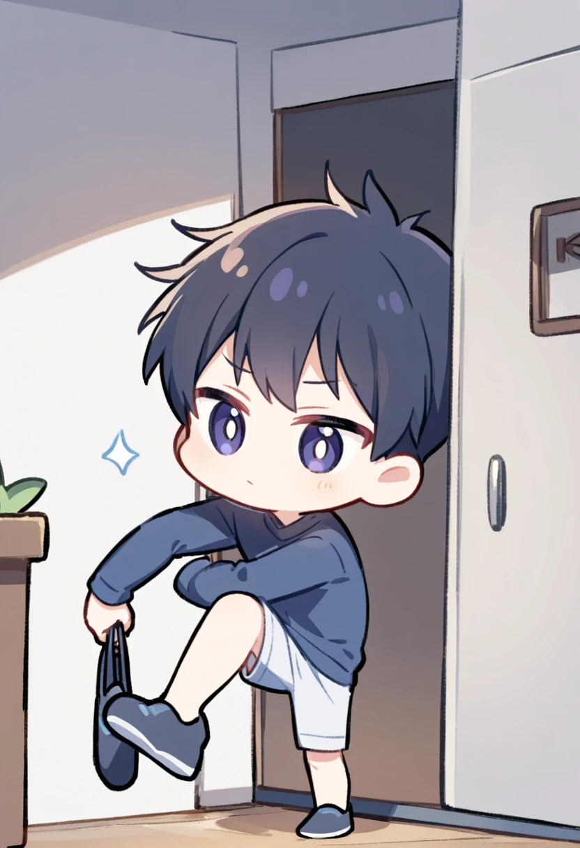 chibi,Boy at the entrance, standing, taking off his shoes, bending his right knee, taking off his shoes with his right hand, turning his upper body slightly