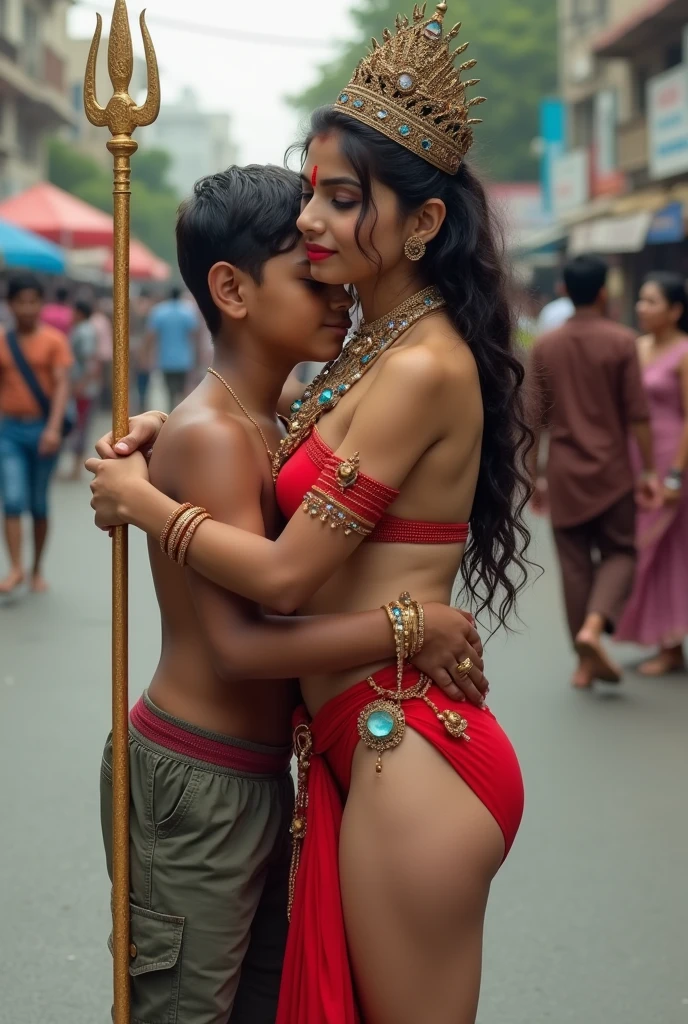 a real Indian 23 year old boy and beautiful slim girl naked have a big boobs there are some other people on the road, front facing , the background behind the boy and girl is blurred, beautiful realistic photo, very beautiful photo, 4k hd realistic image.