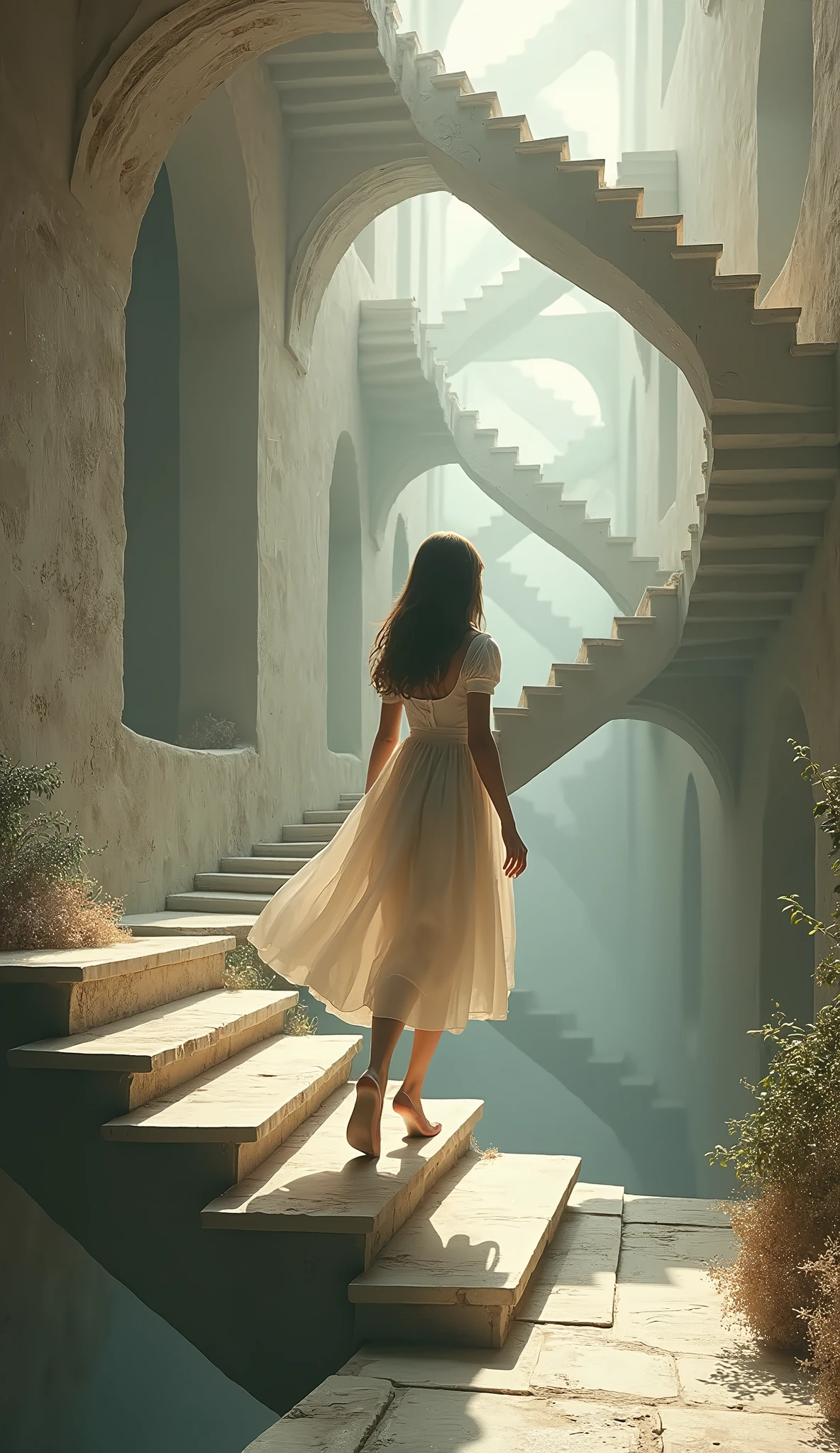 There is a woman walking up a set of stairs in a building - SeaArt AI