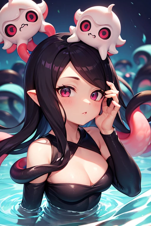 ((masterpiece、top-quality))、(Complex lighting)、morning、suns、sea bathing、(((Lots of glowing bubbles flutter、Splash paint)))、Small Devil、独奏、full body Esbian、1girl in、red eyes、Long Black Hair、tanktop shirt、Jeans shorts、absurderes, Grayscale BreakGuess Gaze、(evil smile:1.4)、looking at the viewers、sharpteeth、(Crazy red eyes with small pupils:1.2)、yandere、Chibi、Fix your fingers