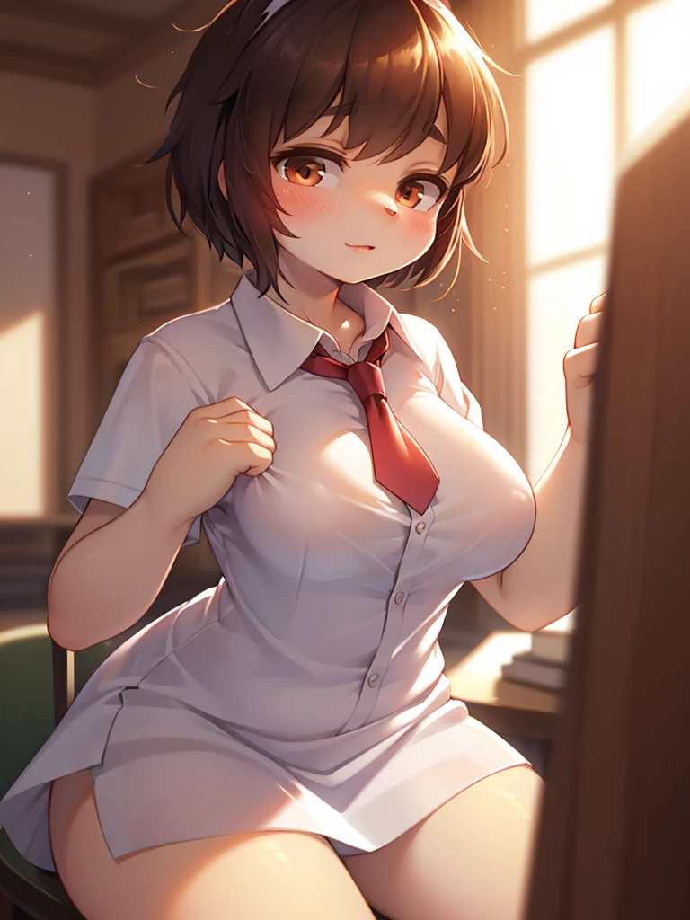 The chest is particularly large, schoolgirl, sexy, naked, Japanese schoolgirl, not wearing anything, spying on her getting undressed, naked no clothes, full body, spread legs, sitting down, big boobs