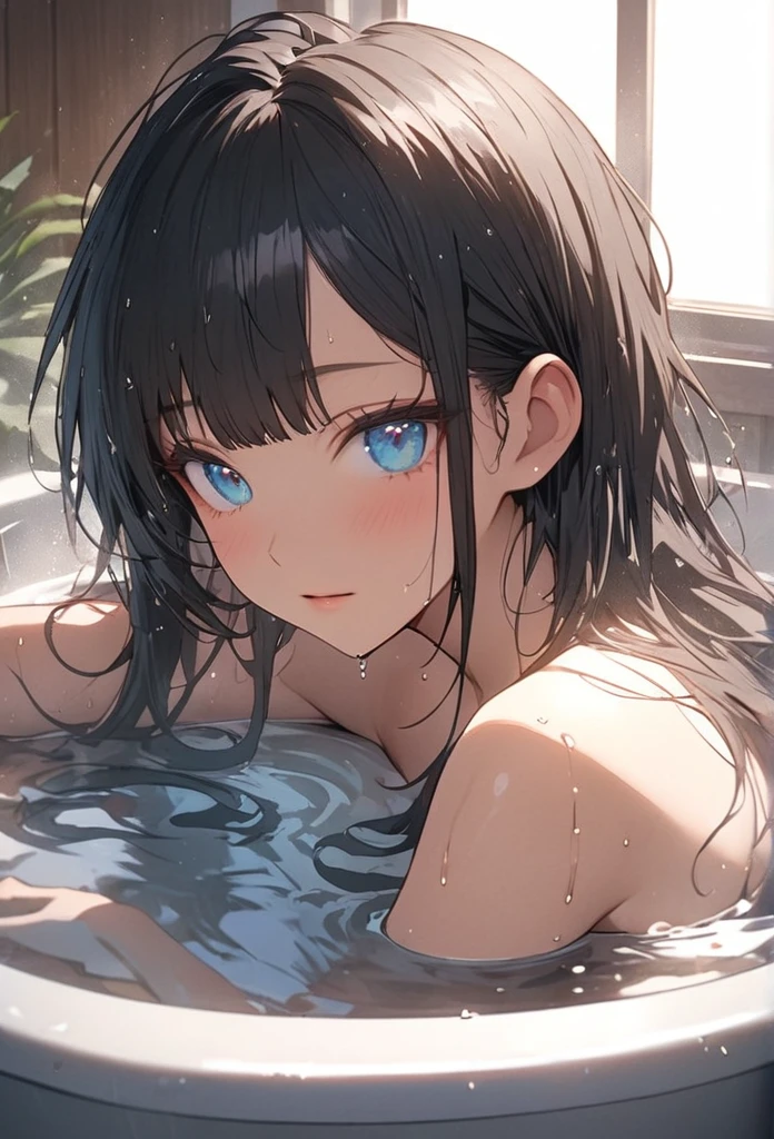 NUDE,独奏,{{{masterpiece}}}, {{{best quality}}}, {{ultra-detailed}}, {illustration}, {{an extremely delicate and beautiful}},,black hair,Are crying,Wet and slimy, Shiny wet skin!!, Enchanting anime girl,water eye,steam,blush,Raise eyebrows,blunt bangs,pussy,Surprised expression,public hair,In the toilet