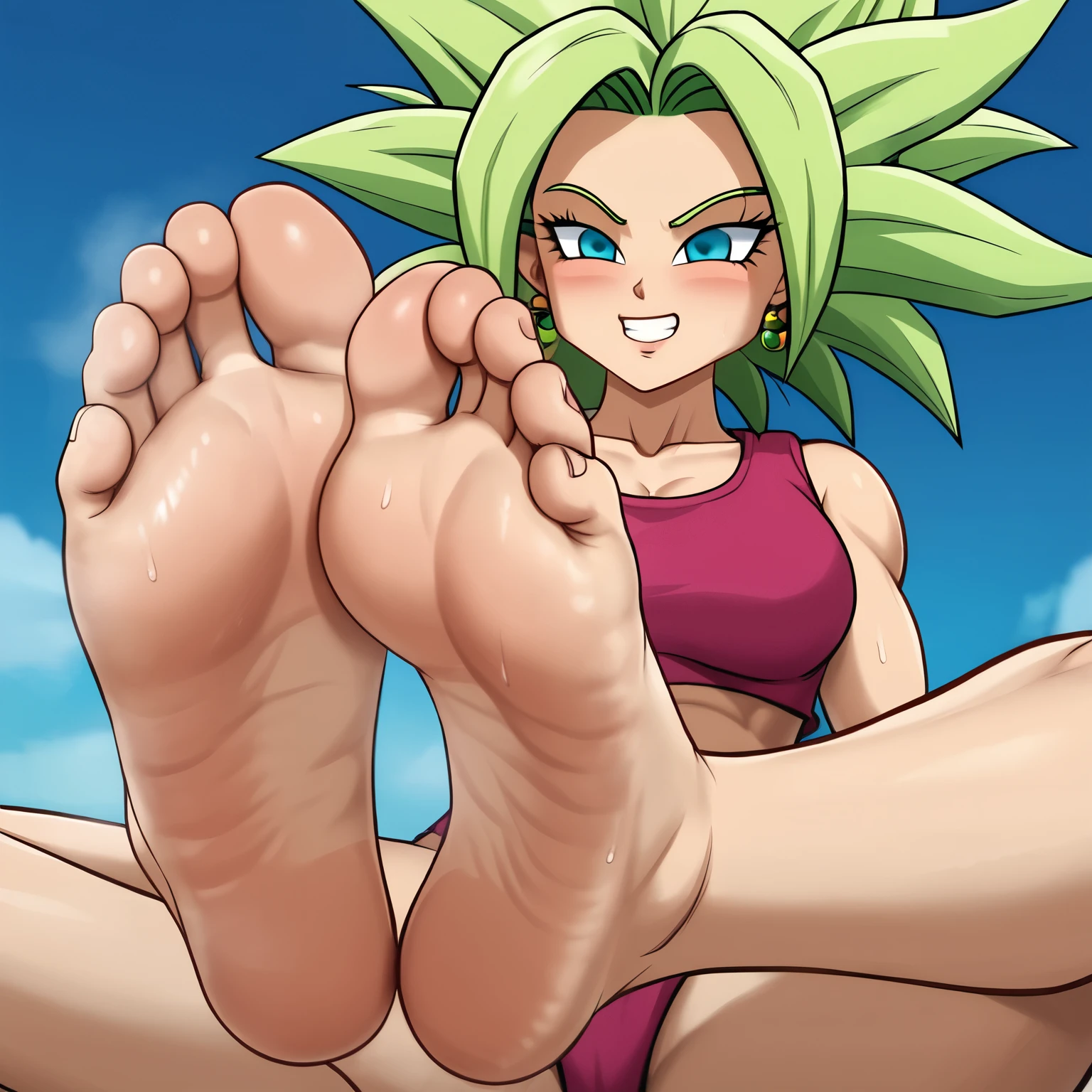 1 girl, Kefla \(Dragon Ball Super\) ，Kefla \(Dragon Ball Super\) ，Kefla, This is, Long hair, green hair, eyes of water, blunt blows, multicolored hair, green hair，blows，sentado en la mesagreen hair，Long hair, single, ironic smile，[low angle，barefoot，Foot focus，齐blows，blows, sweaty feet，Sweating on the soles of the feet.，perfect feet，anatomically correct, high definition，Line art，