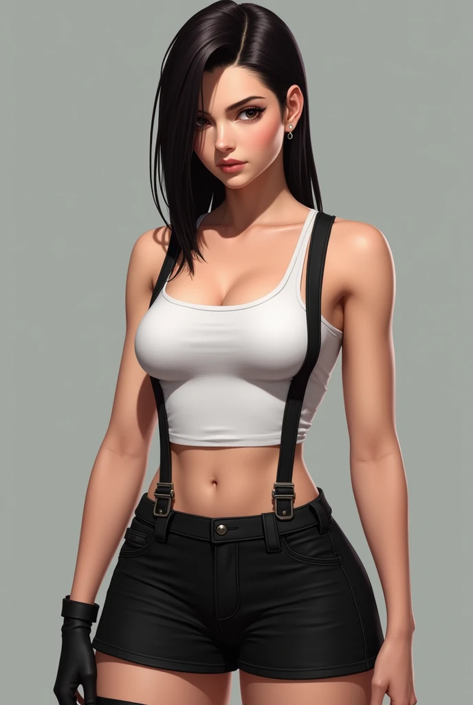1 girl (Masterpiece, best quality, photorealistic, highres, photography:1.3), close-up portrait, sharp focus, 1 dark haired girls, European fashion models, flawless skin, slim feminine appearance, flat abdomen, slender abs, cleavage, messy hair, detailed hair strands, delicate sexy face, allure look, ((elegant girl, high society, detailed makeup, influencer, perfect skin)), outdoor fashion photoshoot, standing pose, ((realistic, ultra realistic, realism, realistic detail)), long black ponytail, hair between eyes, (tan skin, bronze skin) blue eyes, tan skin, abs, belly button piercing, high-waisted jeans shorts, solid black cropped tank top